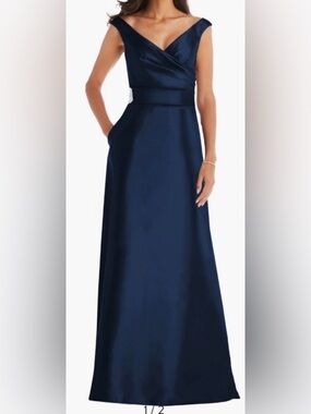 NWOT Alfred Sung Midnight Off the Shoulder Satin Gown Navy D811S 12 R